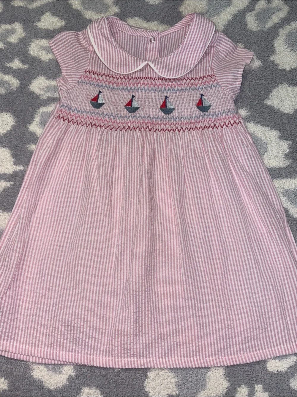 Smocked Pink Seersucker Short Sleeve Sailboat Dress with Collar 2Y